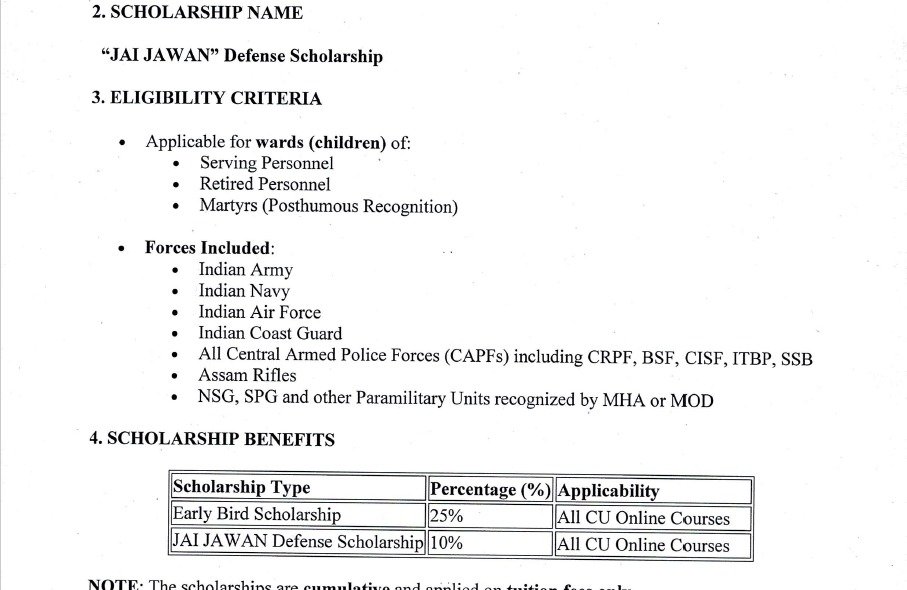 Update :- Jai Jawan Defence Scholarship ( Program EBD+10% Jai Jawan Concession )